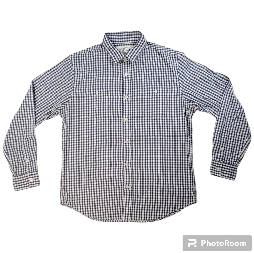 American Republic LG Men Navy Gingham Long Sleeve Button Down Shirt EUC Classic